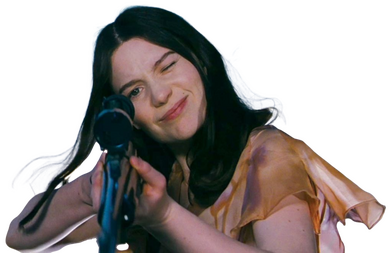 A dark haired girl named India Stoker is pointing a hunting rifle toward you.